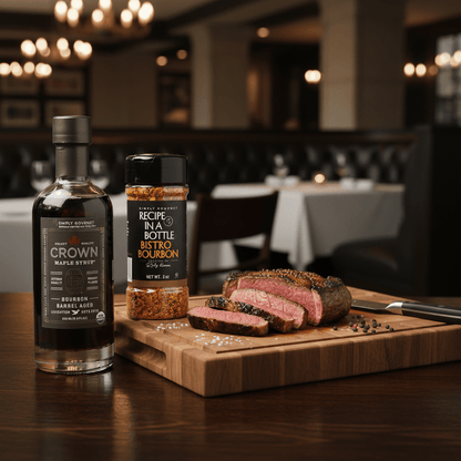 Crown Maple® Bourbon Barrel Aged Maple Syrup and Bistro Bourbon Seasoning - Recipe in a Bottle - Spice Rub - Simply Gourmet