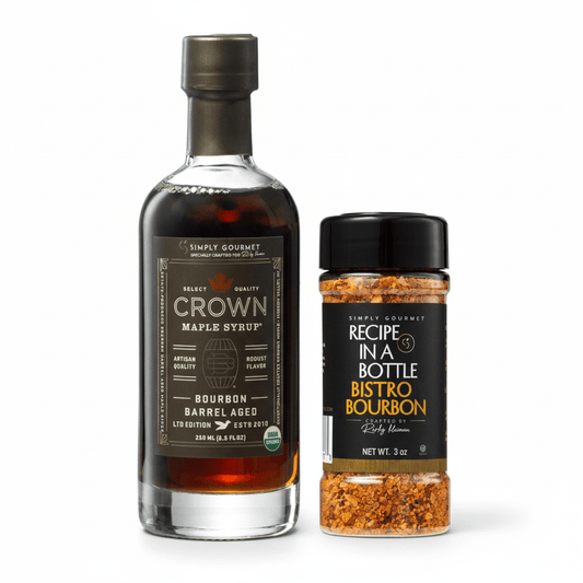 Crown Maple® Bourbon Barrel Aged Maple Syrup and Bistro Bourbon Seasoning - Recipe in a Bottle - Spice Rub - Simply Gourmet